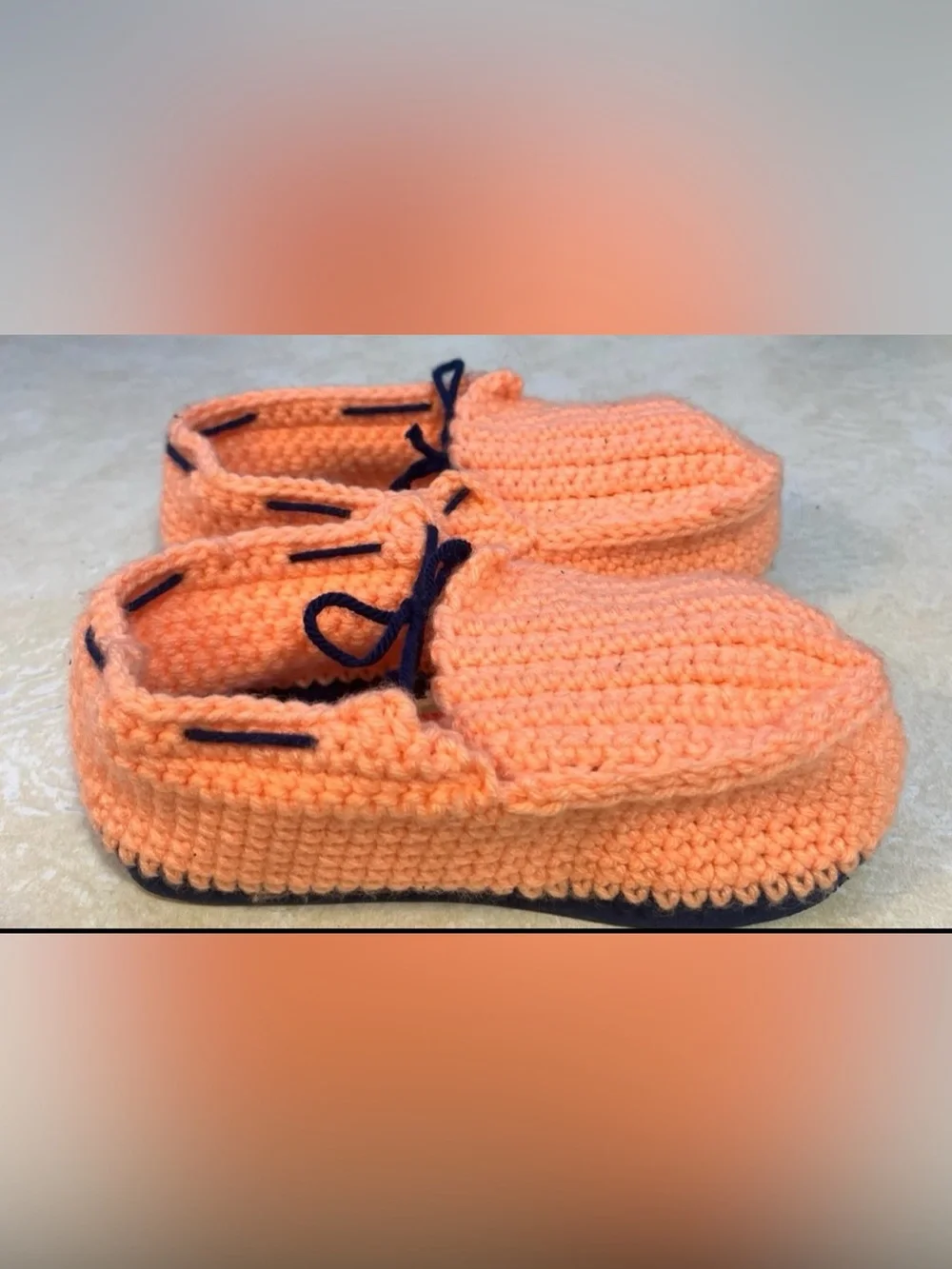 Cozy Peach Crochet Kids Moccasins with Navy Accent